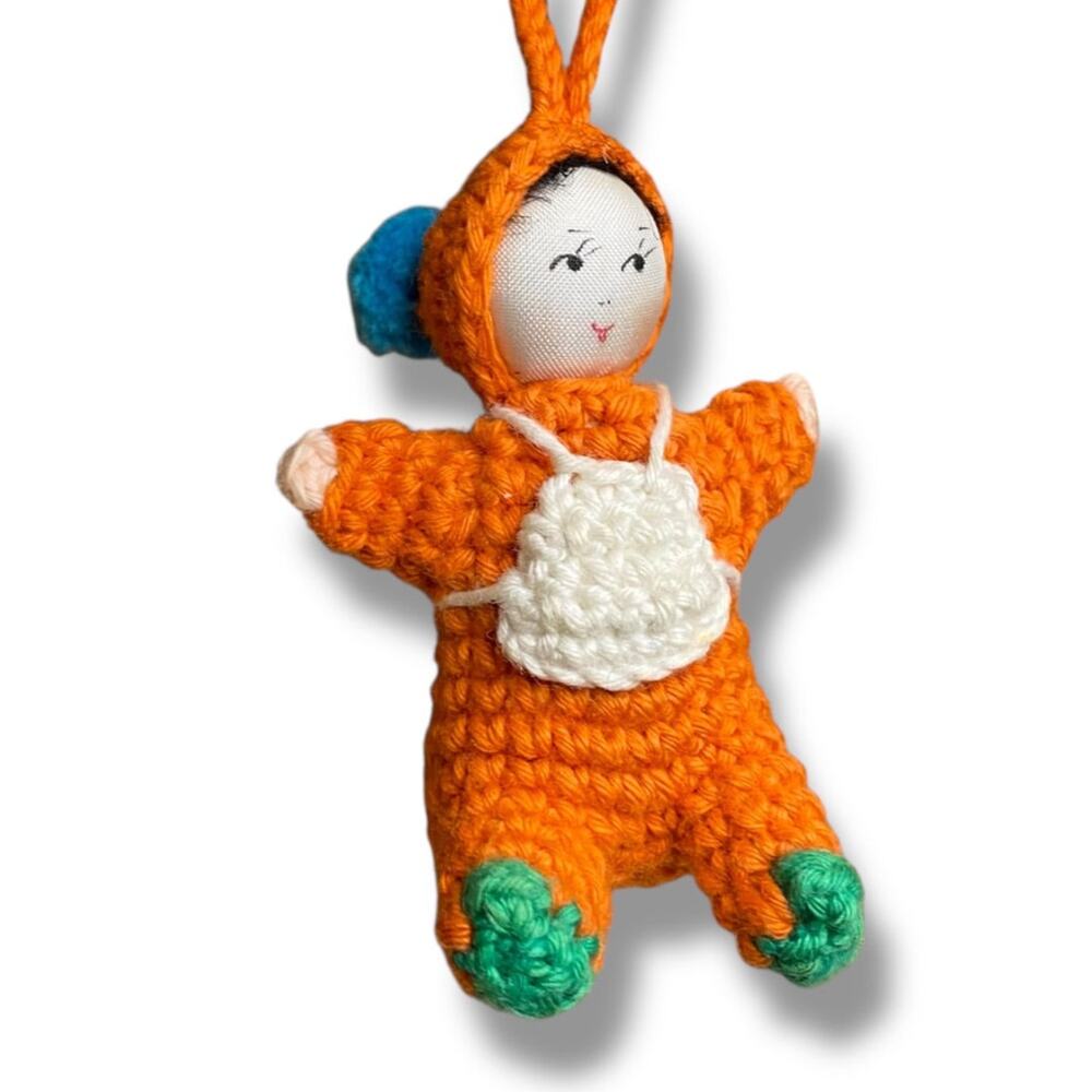 Vintage Amigurumi Japanese Crochet Baby‎ Doll 2" Silk Face Orange